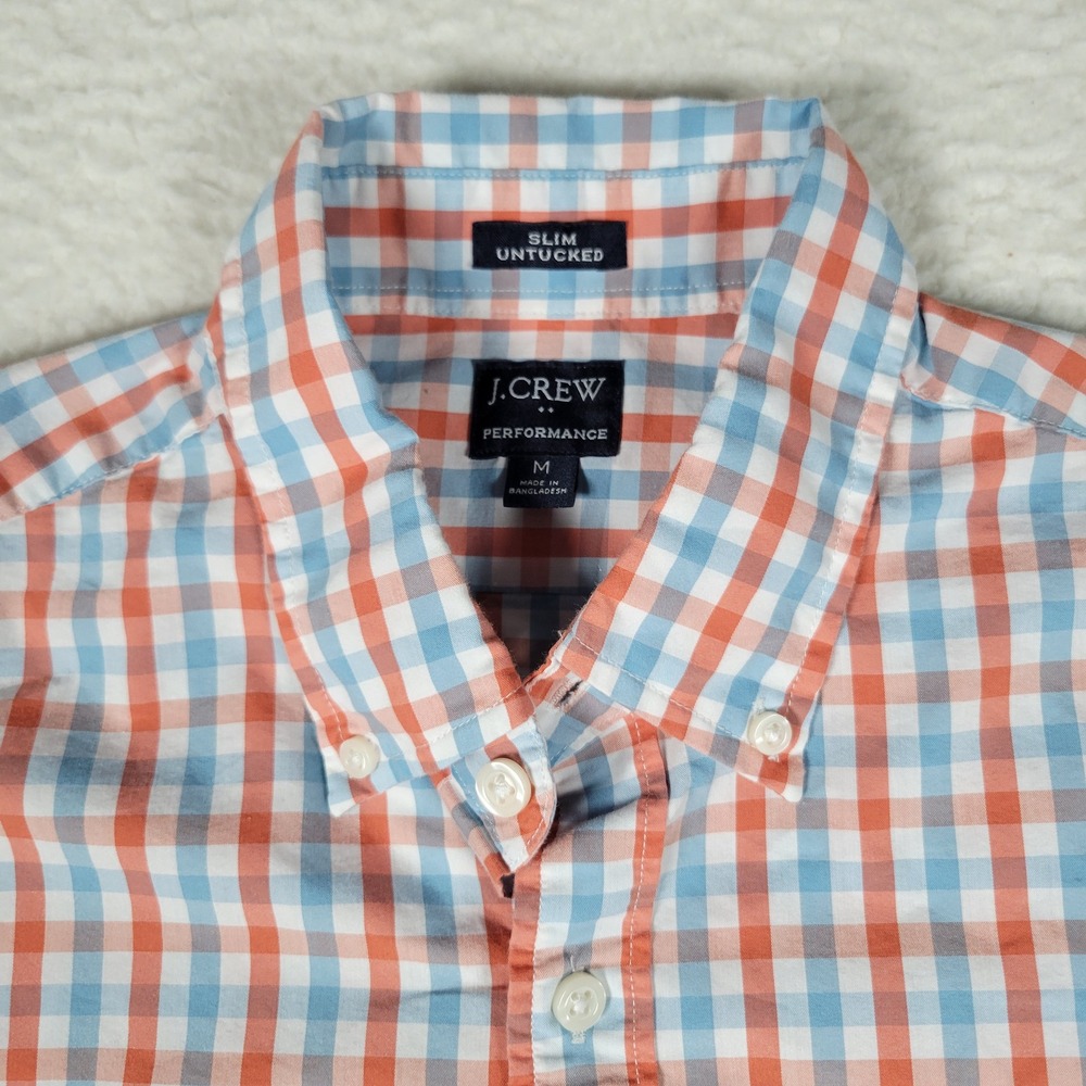 J.Crew Performance Shirt Mens M Orange Blue Gingham Slim Untucked Long Sleeve - Picture 4 of 12